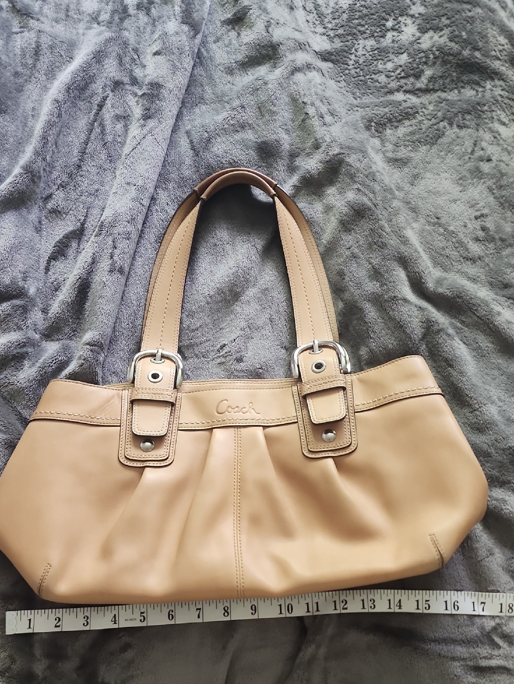 Coach Tan Leather Shoulder Bag with Silver Buckles